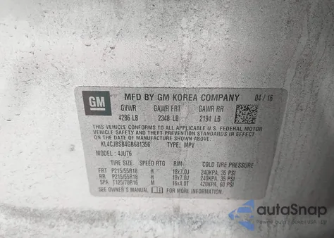 2016 Buick Encore Convenience из США, поврежденный, VIN KL4CJBSB4GB681356